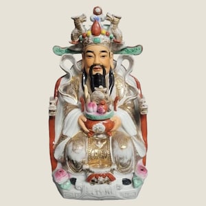 Large Buddha Ceramic Figurine God of Fortune Buddha Porcelain Figurine Chinoiseries Style Décor Chinese Hand painted Asian Figurine Old Home