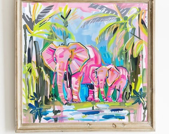 Pink Elephant Palm Beach Art Print: Chinoiserie Style