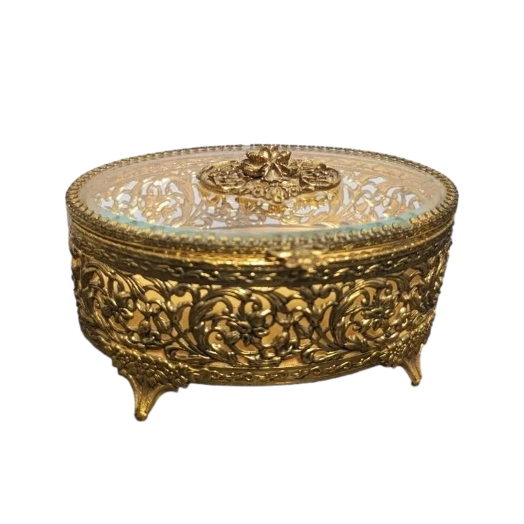Brass Jewelry Box Early 20th Century French Pierced Gilt Brass and Beveled Glass Jewelry Box