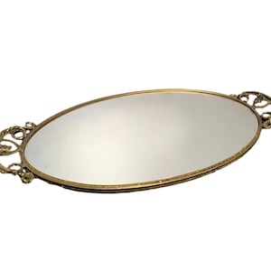 Vintage French Ornate Mirrored Vanity Tray: Gilt Brass Oval Decor