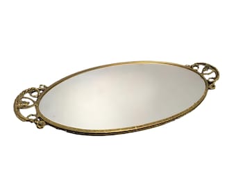 Vintage Ornate Mirrored Vanity Tray Early 20th Century French Pierced Gilt Oval Vanity Table Mirror Brass and Beveled Glass