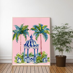 Chinoiserie Art Print: Pink Palm Trees, Blue Gazebo Watercolor