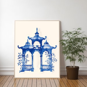 Kunstdruck Staffordshire Chinoiserie Pagode Design Ginger Jar Muster in Blues | Asiatisch inspirierte Chippendale Wandkunst Stil Poster Dekor