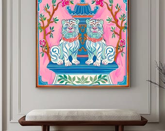 Staffordshire Dogs Art Print: Chinoiserie Ginger Jar, Floral Asian Decor