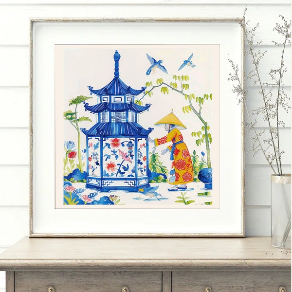 ART PRINT Asian Pagoda Palm Tree in Chinoiserie Blue and White Vase Watercolor Printed Art Vintage Art Print | Asian Wall Decor Vintage Art