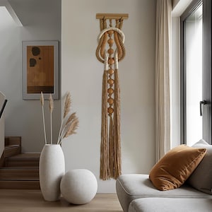 Macrame Wall Hanging: Wabi Sabi Jute Rope Decor with Wood Beads
