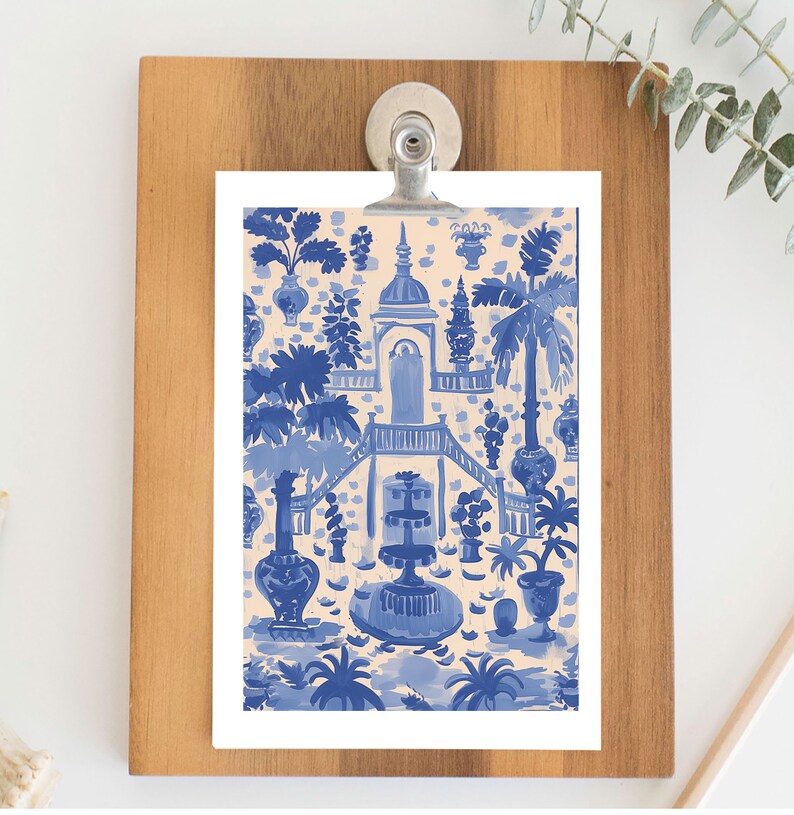 May include: Blue and white illustration of a garden scene with a fountain, palm trees, and a building with a tiled roof. The illustration is in a blue and white color scheme, reminiscent of traditional Chinese porcelain.