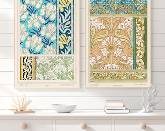 Art Nouveau Botanical Plant Printed Wall Art Decor Home Vintage Poster Set of Two