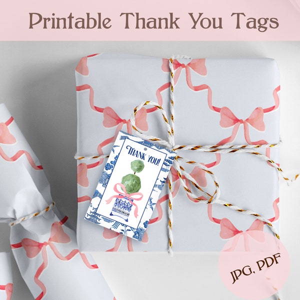 Printable Gift Tag Downloadable Tags Asian Blue  White Jar Preppy Chinoiserie Topiary gift tags party favor tags birthday bay shower wedding