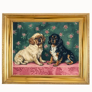Art Print – Preppy Chinoiserie Victorian Oil Painting of Staffordshire Dogs | Palm Beach Regency Style | Unframed Textured Paper