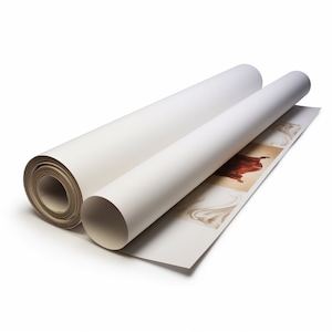 May include: A rolled up white canvas print with a brown and white image of a bull on the unrolled portion.