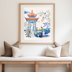 Stampa artistica di un albero bonsai a pagoda: vaso cinese blu e bianco, arredamento asiatico vintage