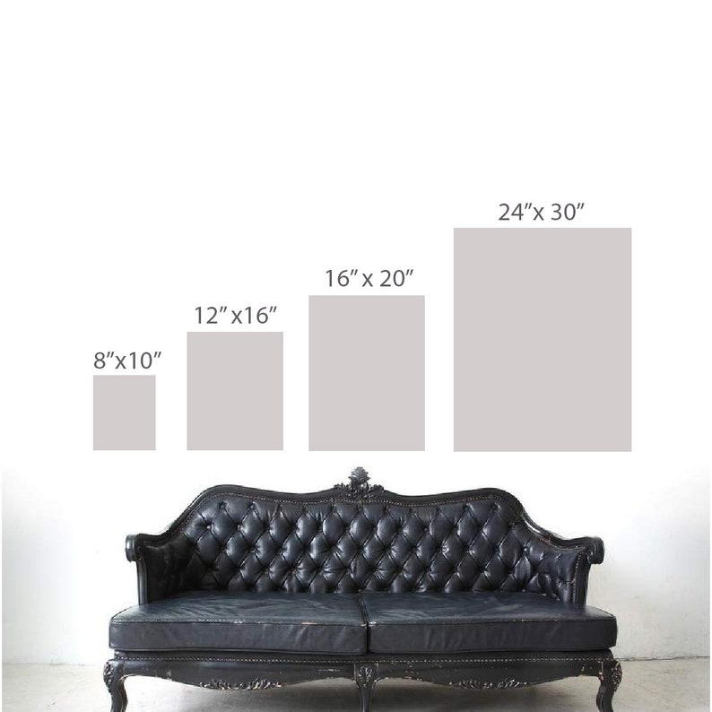 May include: Four different sizes of blank canvas prints, with dimensions labeled in inches, displayed on a white wall above a black leather sofa.