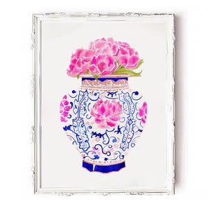 Floral Vase Art Print: Chinoiserie Blue & White Decor