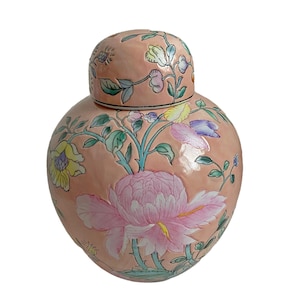 Vintage Pink Asian Ginger Jar– Hand-Painted Peony Floral Chinese Porcelain, Chinoiserie Decor
