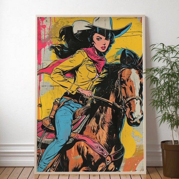 ART PRINT Happy Cowgirl Girl Riding Horse Pop Art Print Gowgirl Comic Book Illustration Vintage Print Home Decor  Premium Matte Print