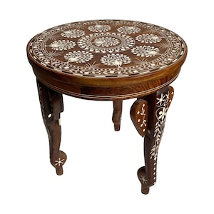 1970s Anglo-Indian Teak Side Table: Elephant, Peacock & Bone Inlay