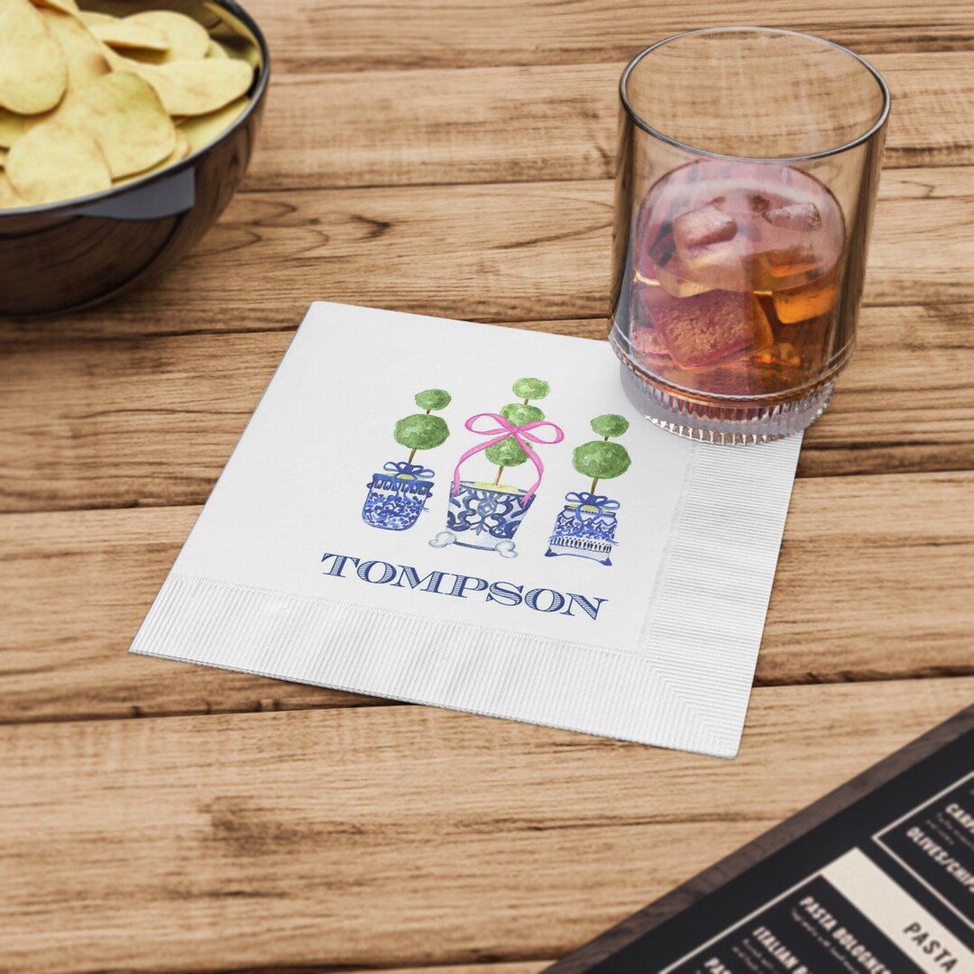 Custom Printed Napkins for Event Preppy Topiary Chinoiserie Design