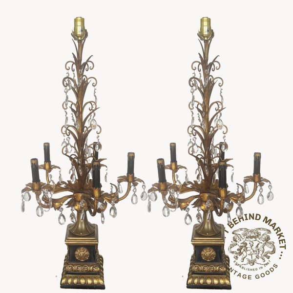 Tole Candelabra Chandelier Table Lamps with Victorian Style Crystals Extra Large Table Lamp 5-Arm Candelabra, 1800, Set of 2