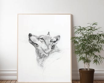 狼の鉛筆線画：現代の動物アートプリント - Etsy 日本