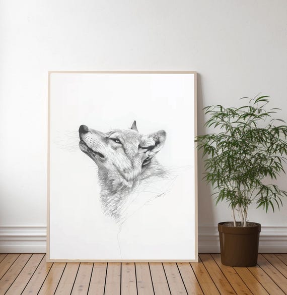 狼の鉛筆線画：現代の動物アートプリント - Etsy 日本