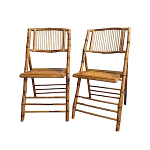 Pair of Vintage Bamboo Folding Chairs – Mid Century Rattan Seating, Boho Coastal Decor, Tropical Accent Chairs, Palm Beach Style Furniture