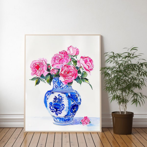 ART PRINT Pink Roses in Chinoiserie Blue and White Vase Watercolor Printed Art Vintage Art Print | Asian Wall Decor Pine Vintage Art