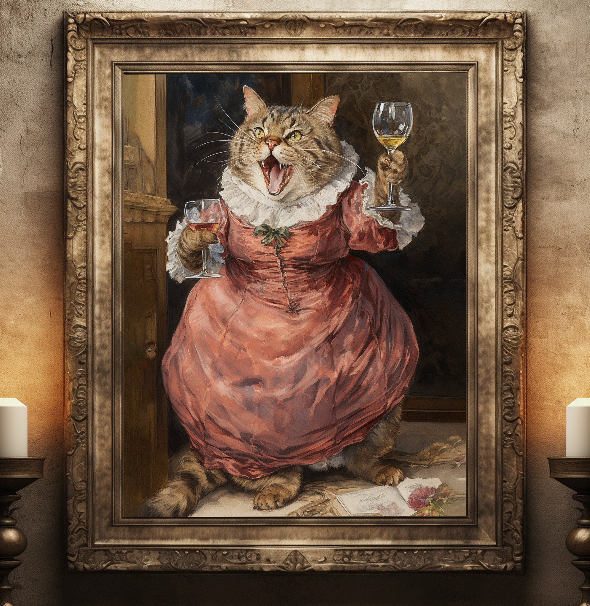 Funny Humorous Drinking Wine Cat On Toilet Art Print Renessans Party Cat With Glass of Wine Painting  Poster Modern Home Décor Artwork