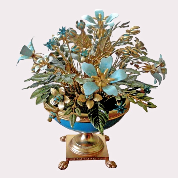 Tole Flowers Gilt metal and painted enamel floral arrangement in an enamel urn vase, designed by Jane Hutchinson for Gorham circa 1970 MCM