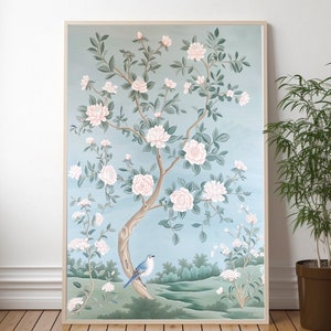 Chinoiserie Garden Art Print: Pagoda, Bird, Floral Asian Decor
