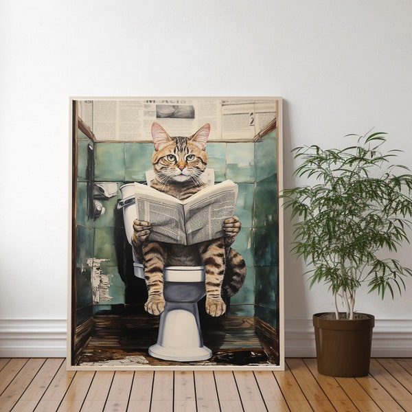 Funny Humorous Restroom Cat On Toilet Art Print Cat Reading Newspaper Painting of Kitten Bathroom Poster Modern Home Décor Vintage Artwork