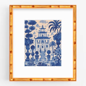 Chinoiserie Pagoda Art Print: Blue & White Asian Garden Decor