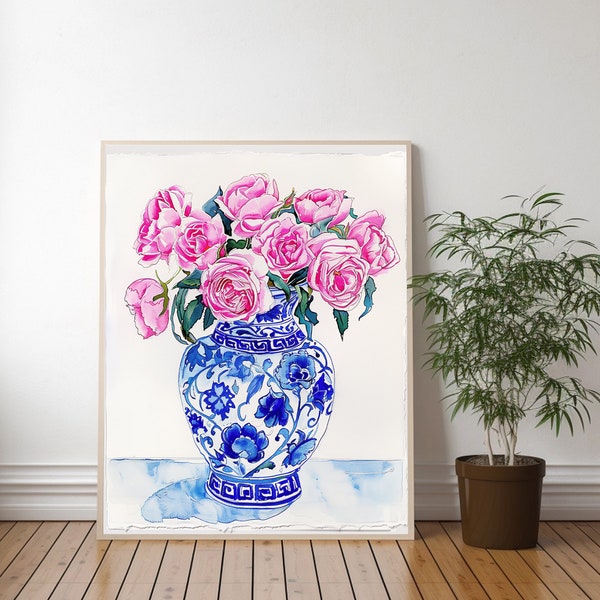 ART PRINT Pink Roses in Chinoiserie Blue and White Vase Watercolor Printed Art Vintage Art Print | Asian Wall Decor Pine Vintage Art