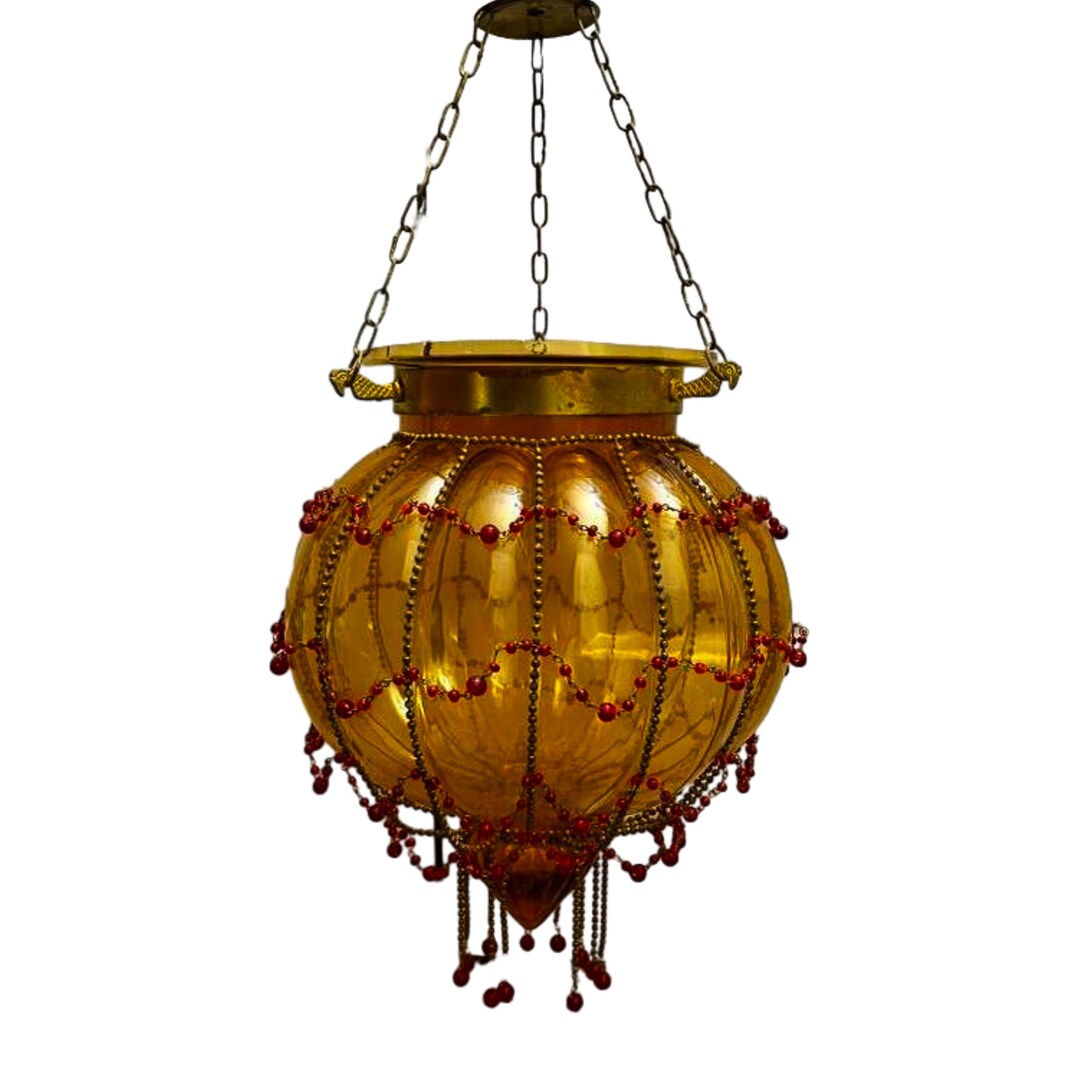 Vintage Amber Glass Hundi Lantern: Boho Beaded Brass Pendant Light - Etsy, image size:1080x1080