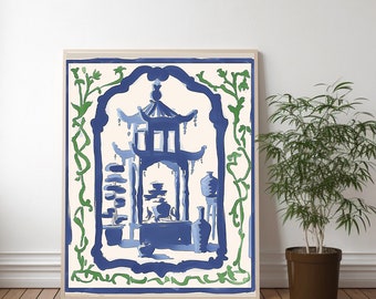 Art Print Staffordshire Chinoiserie Pagoda Ginger Pattern Blues and Green Asian Chippendale Chinese  Artwork Decor Wall Art Poster