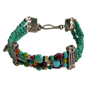 Vintage Turquoise Bracelet – 925 Sterling Silver, Amethyst, Semi-Precious Stones, Handmade Boho Jewelry, Marked