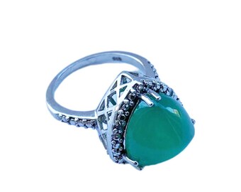 Jadeite & Diamond Sterling Silver Ring - Size 6 Statement Jewelry