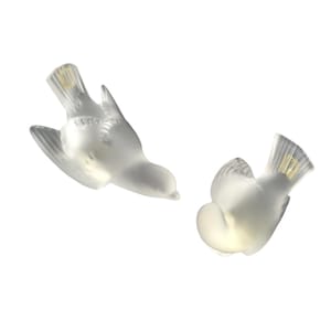 Signed Lalique Crystal Sparrow Figurines: Mid-Century French Art Glass Decor