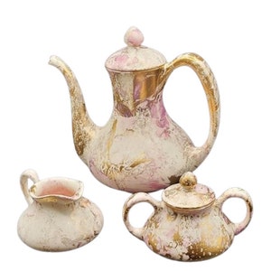 Vintage Sascha Brastoff Tea Set: Mid-Century Modern Gold Pink Swirl