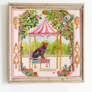 Monkey Chinoiserie Art Print: Asian Garden Floral Decor