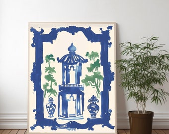 Art Print Staffordshire Chinoiserie Pagoda Ginger Pattern Blues and Green Asian Chippendale Chinese  Artwork Decor Wall Art Poster