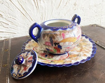 Vintage Early 20th Century Porcelain Sugar Bowl with Plate Kutani Geisha Chinoiserie Asian Decor