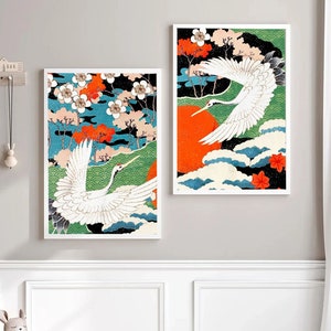 Cranes Wall Art Vintage Chinoiseries Design Set of Two for Oriental Style Botanical Decor
