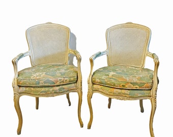 Pair Of Shabby Chairs Louis XV Provincial Fauteuil & Bergere Cane Back Accent Vintage Chairs French Style Armchair With Caned Back