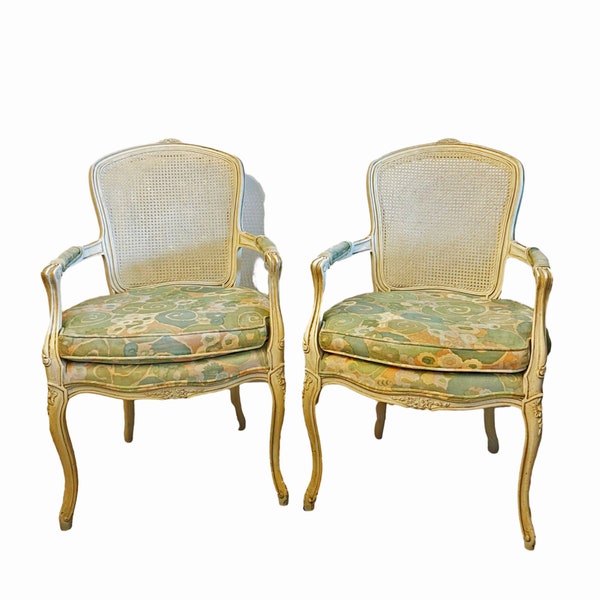 Pair Of Shabby Chairs Louis XV Provincial Fauteuil & Bergere Cane Back Accent Vintage Chairs French Style Armchair With Caned Back