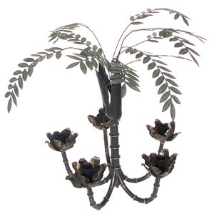 Vintage Tole Chandelier: Bamboo Leaf Candle Holder, Palm Beach Regency Style