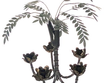 Vintage Tole Chandelier Bamboo Leaves Chandelier Candle Holder Painted Brass Metal Palm Beach Regency Tole Chandelier Leafy Botanical Design