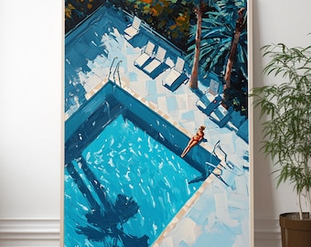 May include: A painting of a swimming pool with a person in a red swimsuit floating on the surface. The pool is surrounded by a white tiled deck and palm trees.