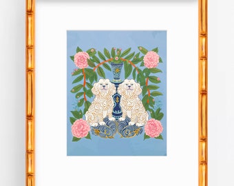 Staffordshire Dogs Art Print: Chinoiserie Pagoda, Floral Asian Decor