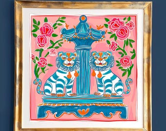 Staffordshire Dogs Art Print: Chinoiserie Ginger Jar, Floral Asian Decor